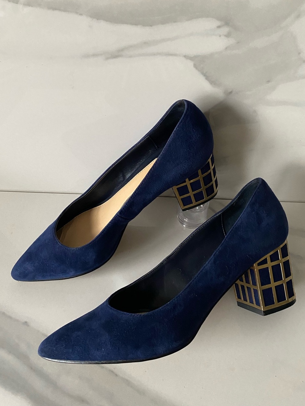 Brian Atwood Suede Pumps Blue 7 Gold Caged Block Heel Pointy  Toe Artsy Chic